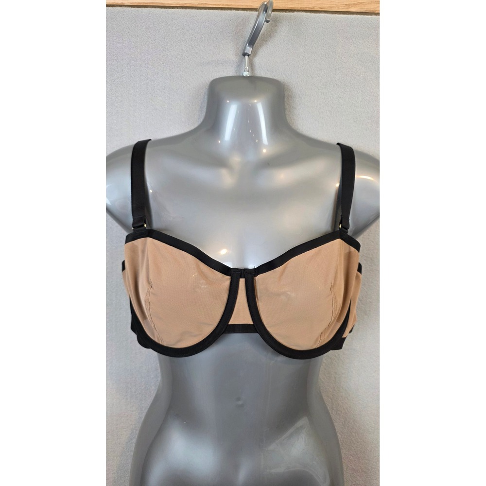 CUUP The‎ Balconette Bra Black Tan Sheer Mesh Underwire 38C Minimalist Lingerie